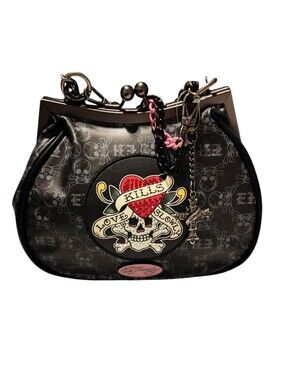 Ed Hardy Black Grunge Skull Rhinestone Flapper Snap Purse & Silver Cross Charm